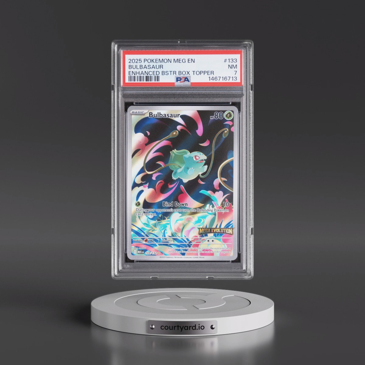 2025 Pokémon Meg EN-Mega Evolution #133 Bulbasaur - Enhanced Booster Box Topper (PSA 7 NM)