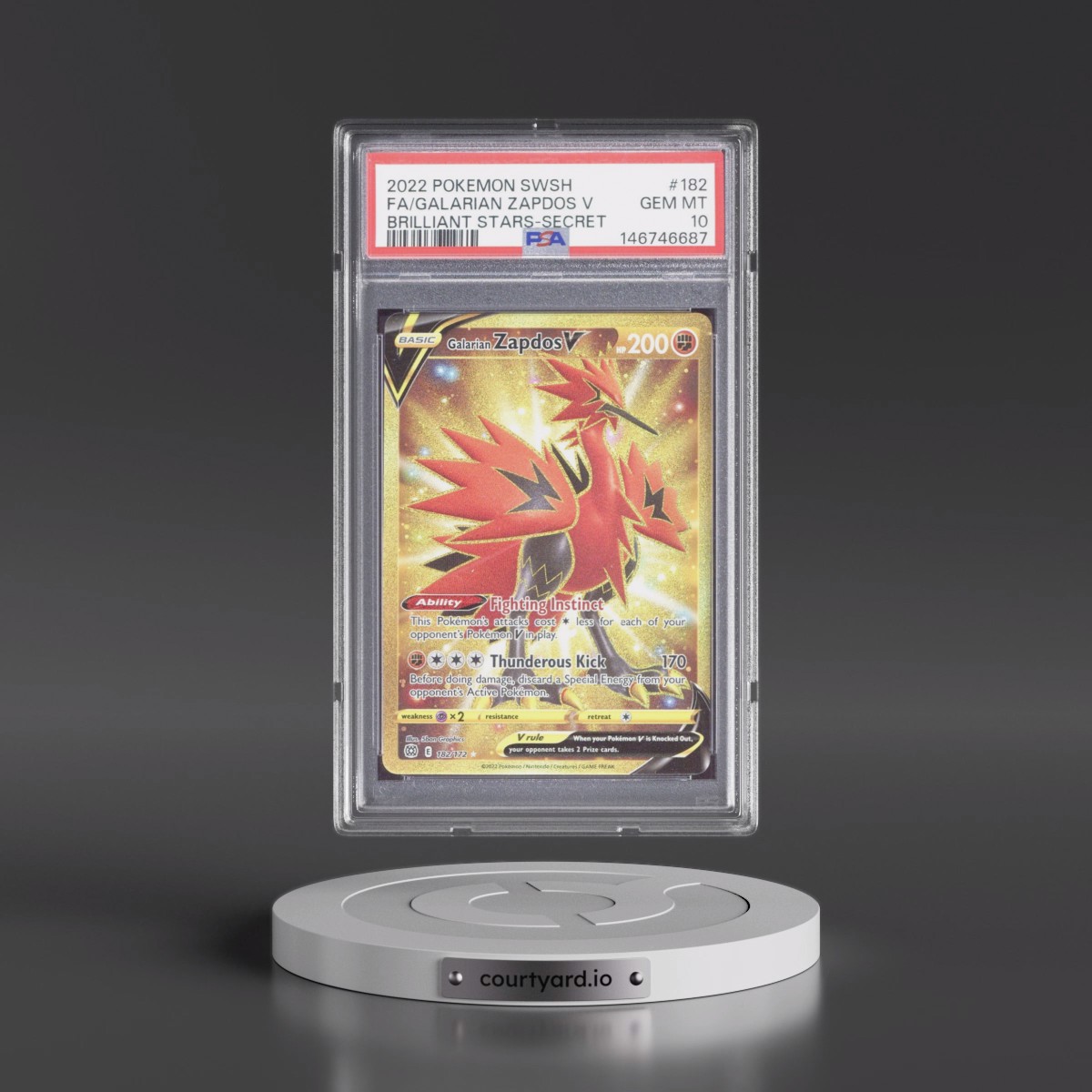 2022 Pokémon Sword & Shield Brilliant Stars #182 Galarian Zapdos V - Holo Full Art Secret (PSA 10 GEM MINT)