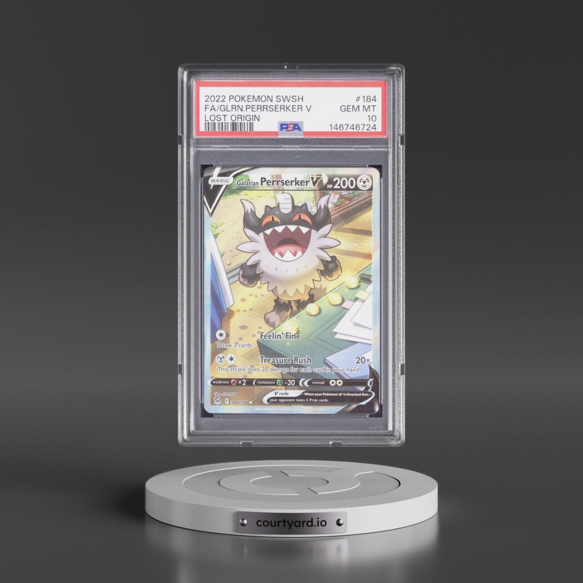 2022 Pokémon Sword & Shield Lost Origin #184 Galarian Perrserker V - Holo Full Art (PSA 10 GEM MINT)