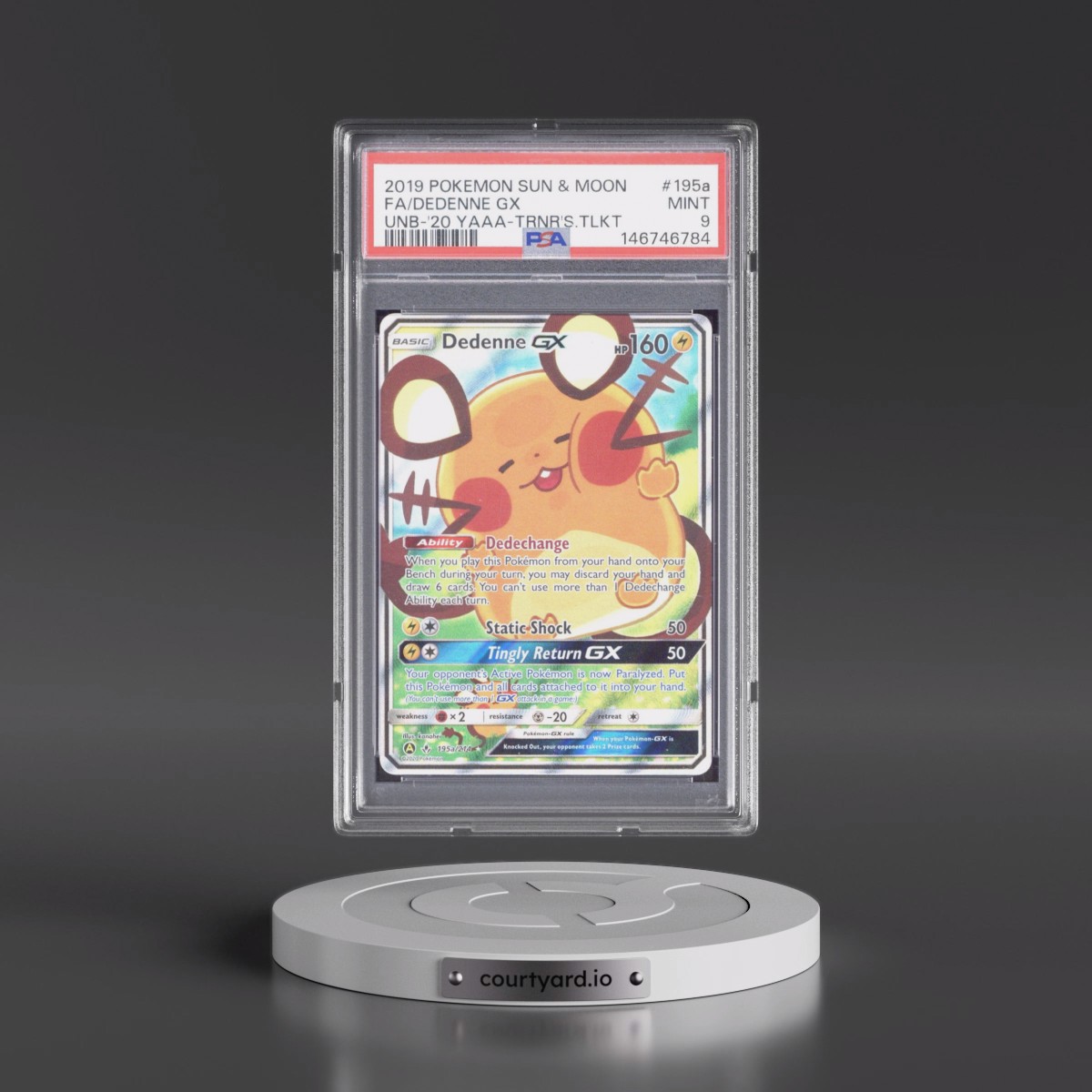 2019 Pokémon Sun & Moon Unbroken Bonds #195a Dedenne GX - Holo Full Art 2020 Yellow A Alternate Art Trainer's Toolkit (PSA 9 MINT)