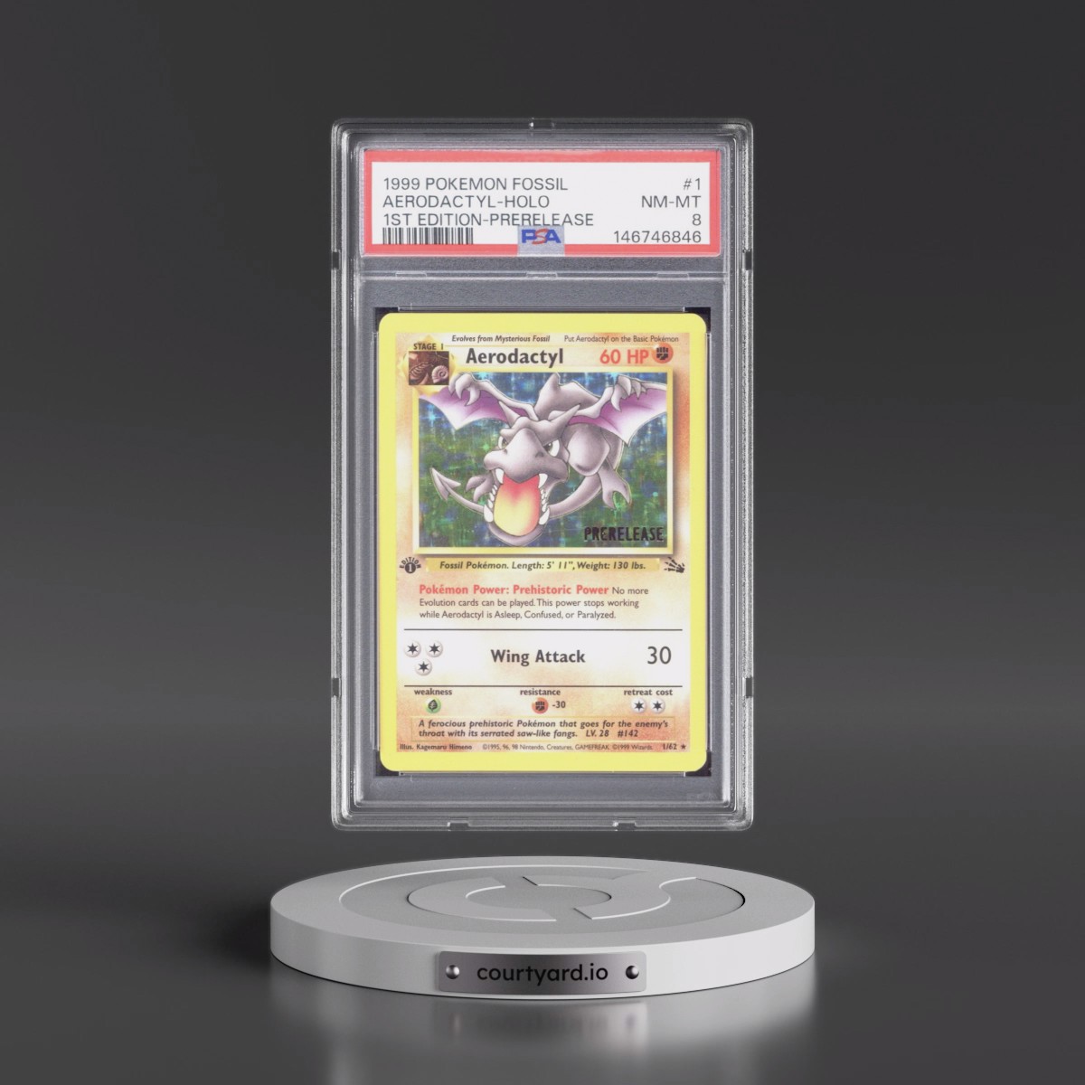 1999 Pokémon Fossil #1 Aerodactyl - 1st Edition Holo Prerelease (PSA 8 NM-MT)