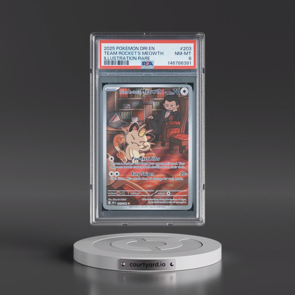 2025 Pokémon Dri EN-Destined Rivals #203 Team Rocket's Meowth - Illustration Rare (PSA 8 NM-MT)