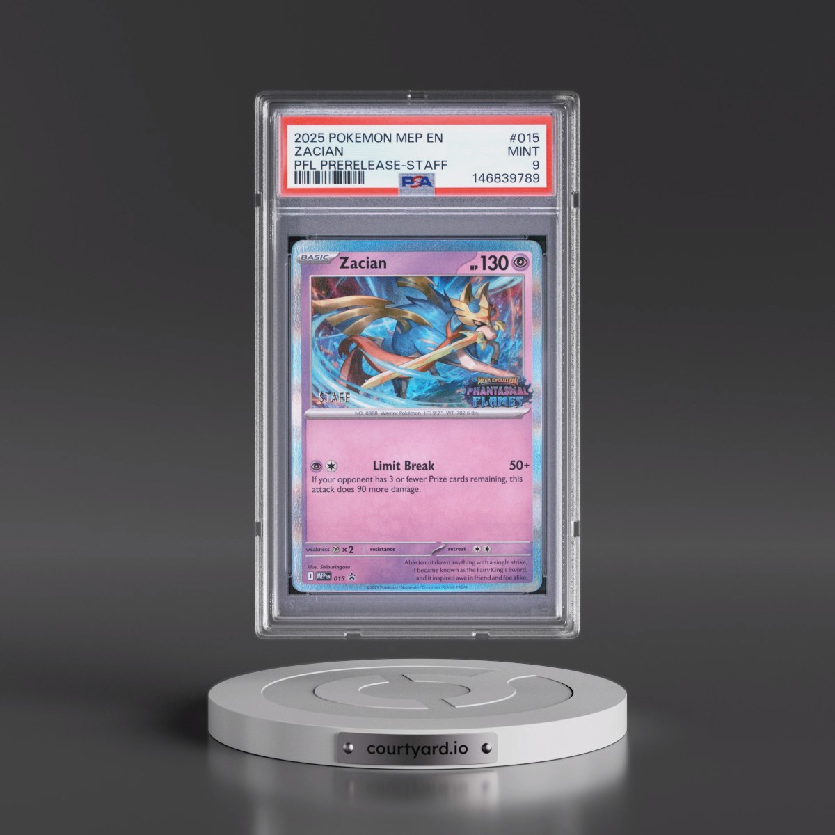 2025 Pokémon Mep EN-Me Black Star Promo #015 Zacian - Phantasmal Flames Prerelease-Staff (PSA 9 MINT)