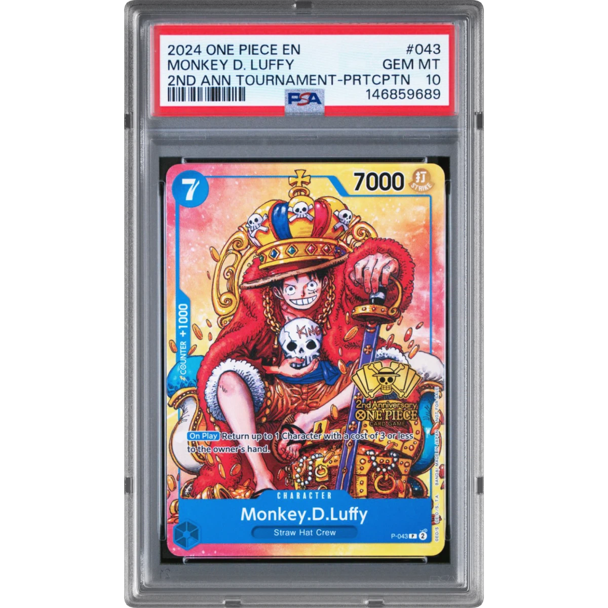 2024 One Piece Promos #043 Monkey D. Luffy - 2nd Anniversary Tournament-Participation (PSA 10 GEM MINT)