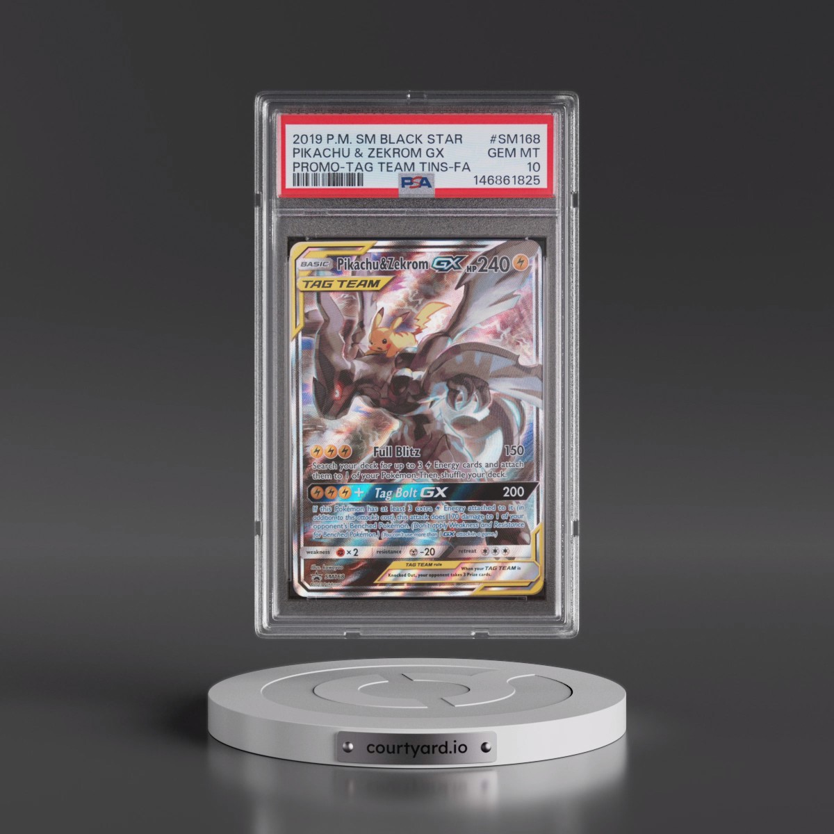 2019 Pokémon SM Black Star Promo #SM168 Pikachu & Zekrom GX - Holo Full Art Tag Team Tins (PSA 10 GEM MINT)