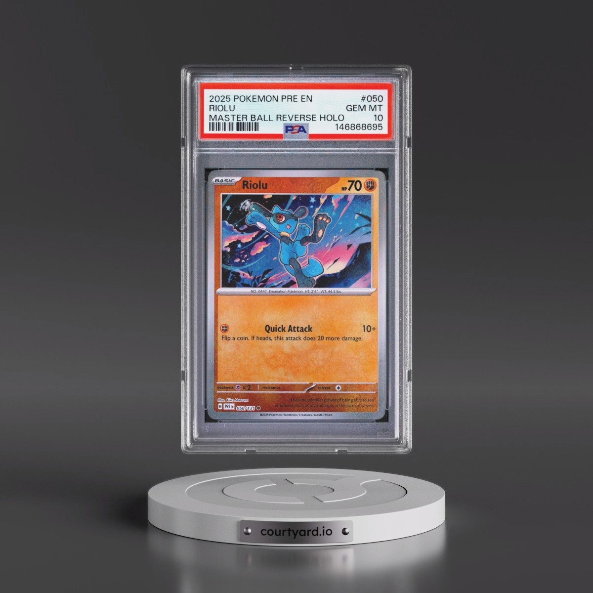 2025 Pokémon Pre EN-Prismatic Evolutions #050 Riolu - Reverse Holo Master Ball (PSA 10 GEM MINT)