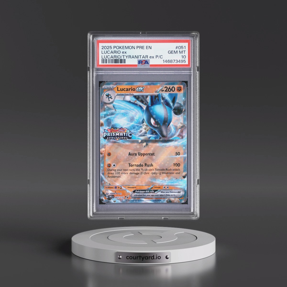 2025 Pokémon Pre EN-Prismatic Evolutions #051 Lucario EX - Holo Lucario EX & Tyranitar EX Premium Collection (PSA 10 GEM MINT)