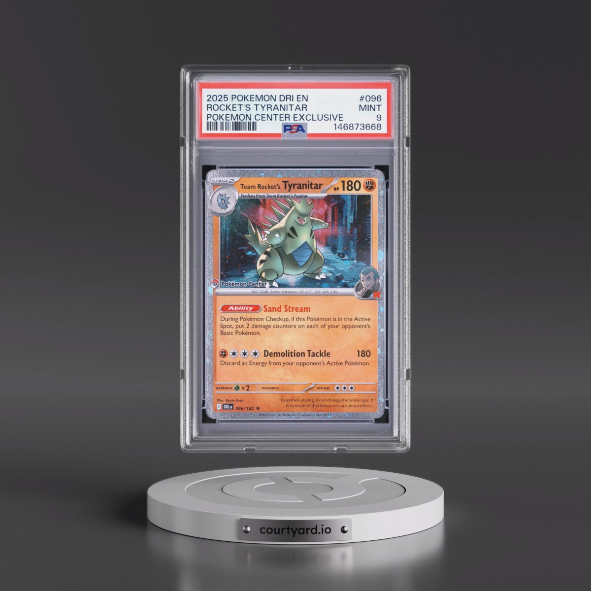 2025 Pokémon Dri EN-Destined Rivals #096 Team Rocket's Tyranitar - Pokemon Center Exclusive (PSA 9 MINT)