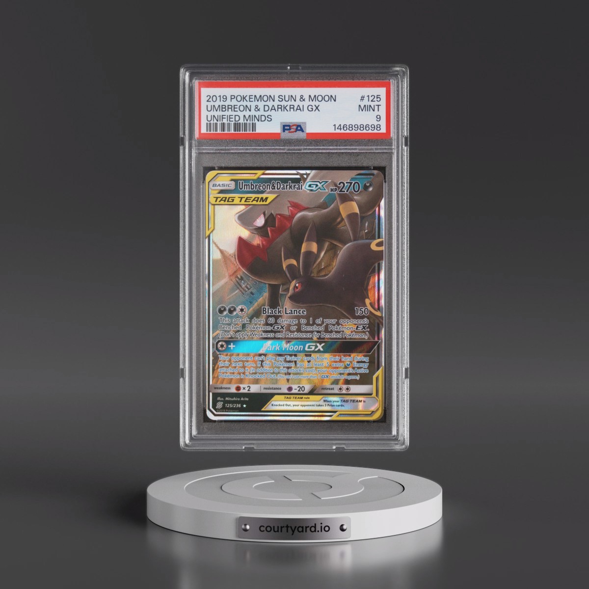 2019 Pokémon Sun & Moon Unified Minds #125 Umbreon & Darkrai GX - Holo (PSA 9 MINT)
