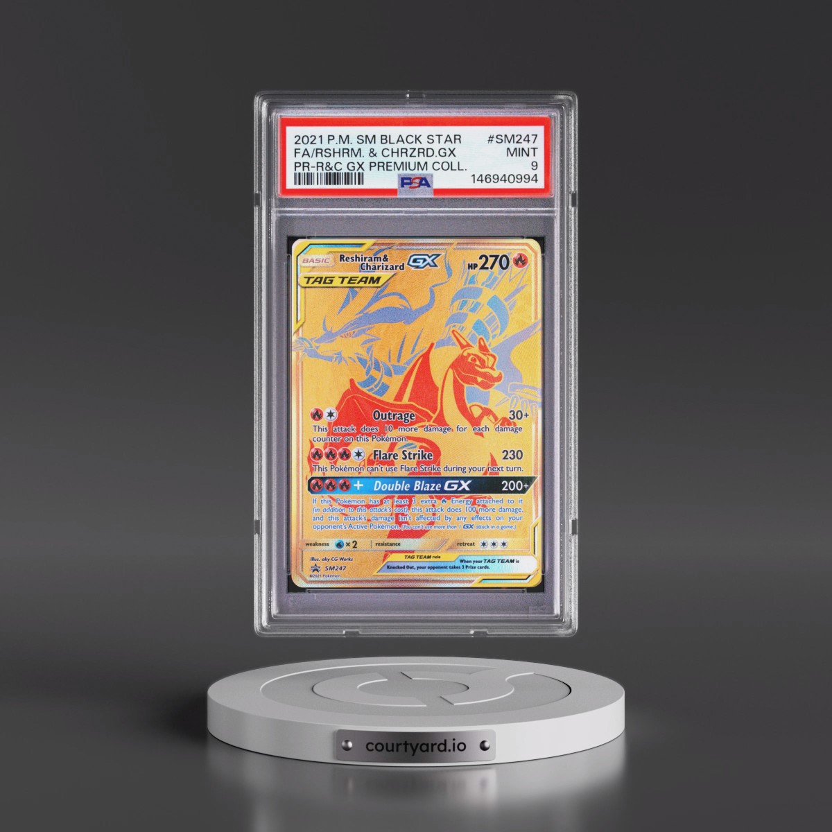 2021 Pokémon SM Black Star Promo #SM247 Reshiram & Charizard GX - Holo Full Art Reshiram & Charizard GX Premium Collection (PSA 9 MINT)