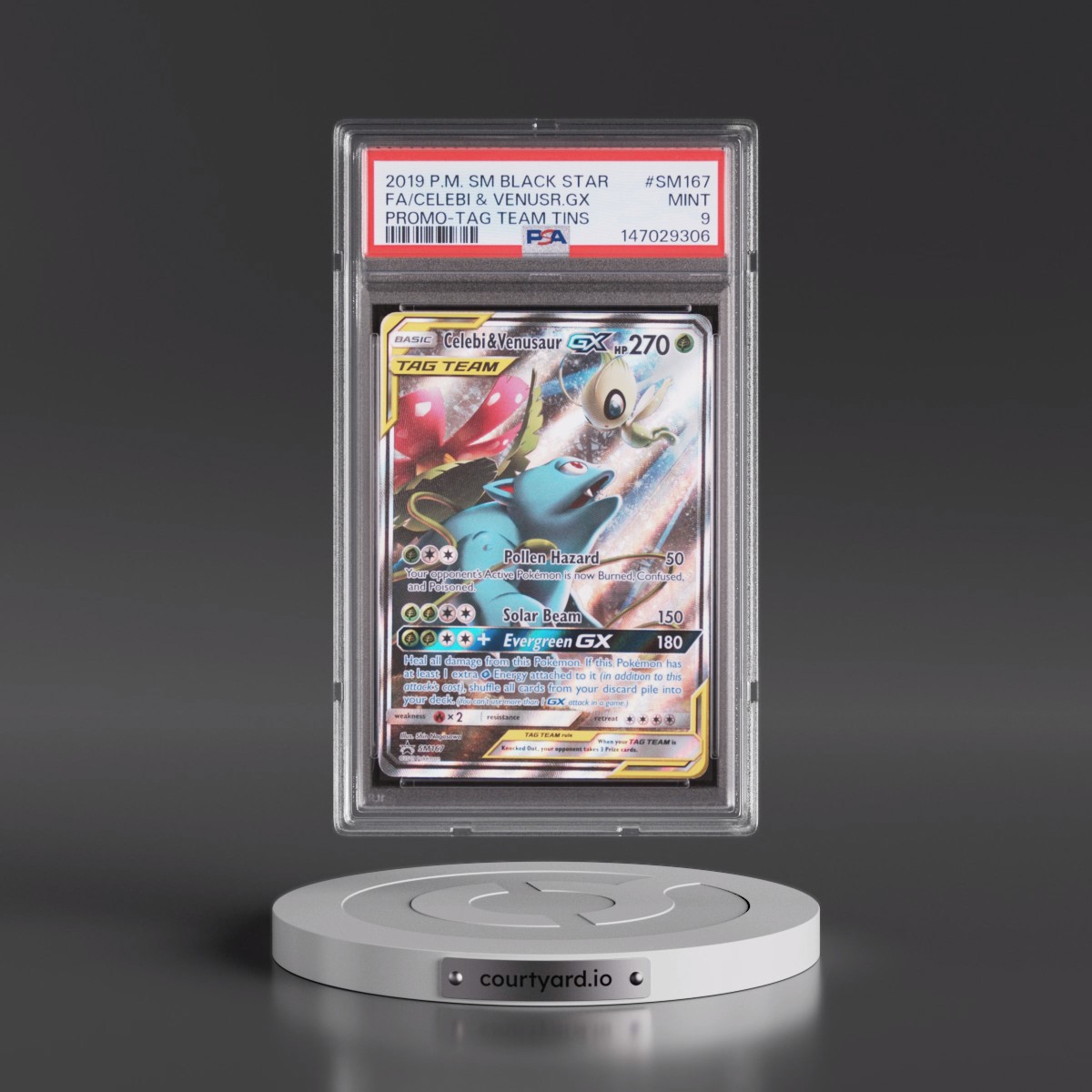 2019 Pokémon SM Black Star Promo #SM167 Celebi & Venusaur GX - Holo Full Art Tag Team Tins (PSA 9 MINT)