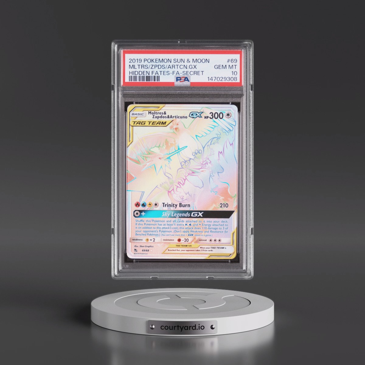 2019 Pokémon Sun & Moon Hidden Fates #69 Moltres & Zapdos & Articuno GX - Holo Full Art Secret (PSA 10 GEM MINT)