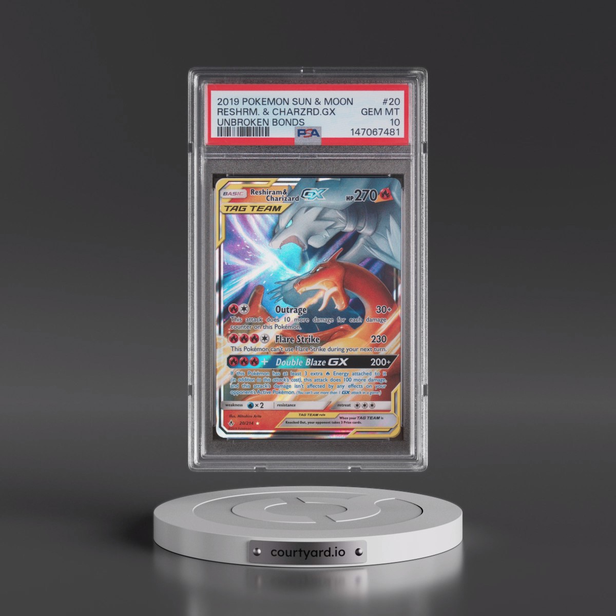 2019 Pokémon Sun & Moon Unbroken Bonds #20 Reshiram & Charizard GX - Holo (PSA 10 GEM MINT)