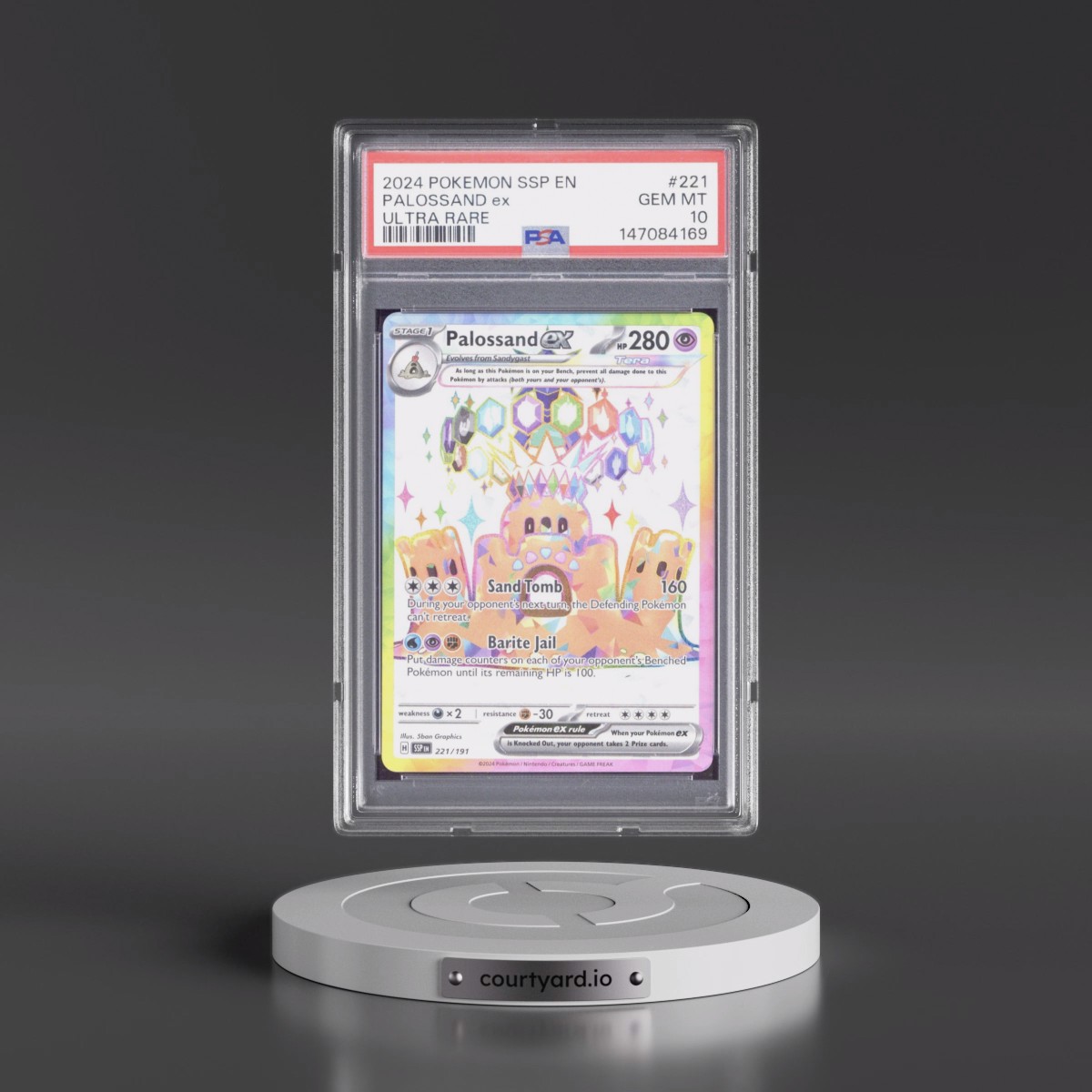 2024 Pokémon Ssp EN-Surging Sparks #221 Palossand EX - Holo Ultra Rare (PSA 10 GEM MINT)