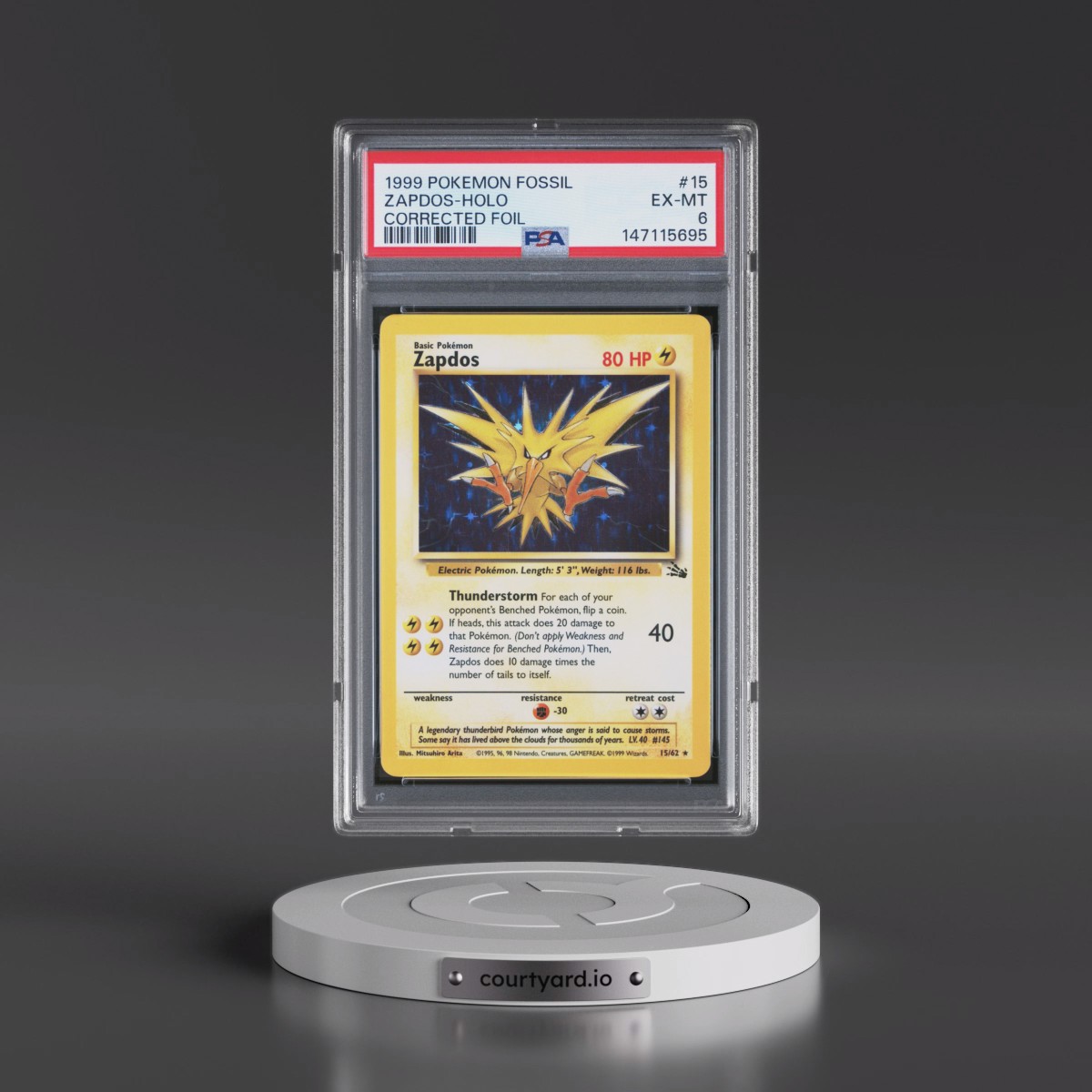 1999 Pokémon Fossil #15 Zapdos - Holo Corrected Foil (PSA 6 EX-MT)