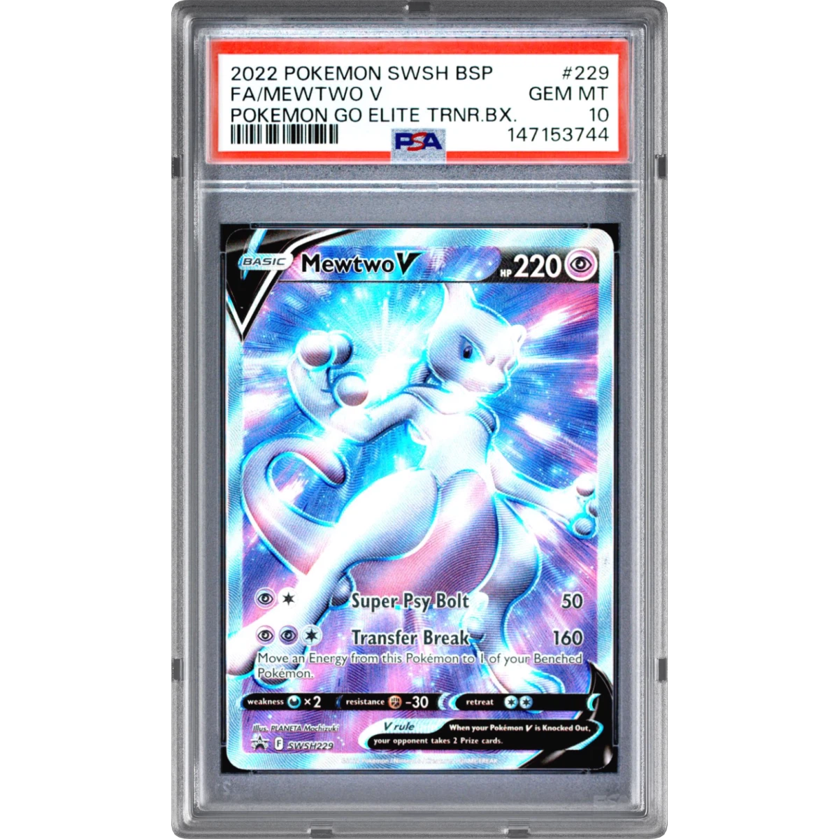 2022 Pokémon Swsh Black Star Promo #229 Mewtwo V - Holo Full Art Pokemon Go Elite Trainer Box (PSA 10 GEM MINT)