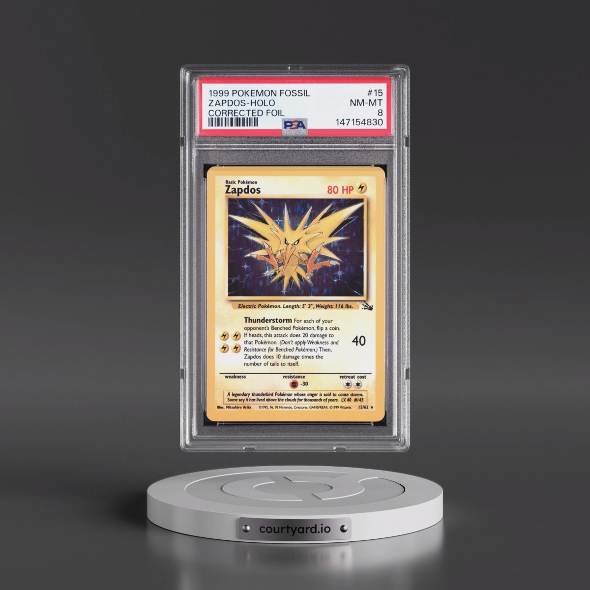 1999 Pokémon Fossil #15 Zapdos - Holo Corrected Foil (PSA 8 NM-MT)