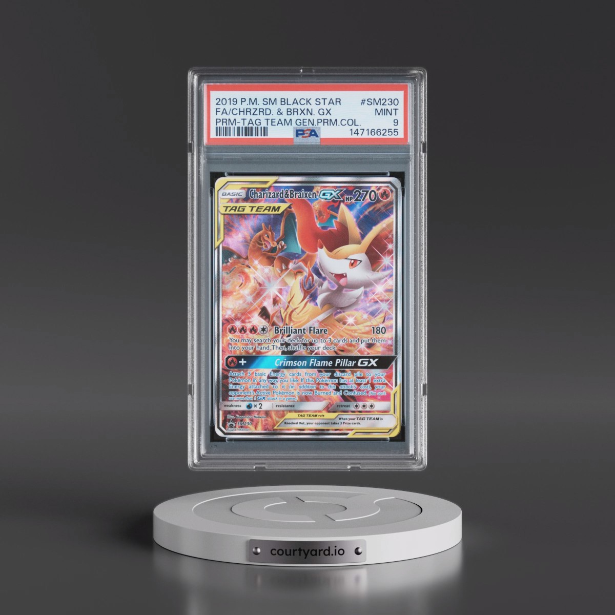2019 Pokémon SM Black Star Promo #SM230 Charizard & Braixen GX - Holo Full Art Tag Team Generations Premium Collection (PSA 9 MINT)
