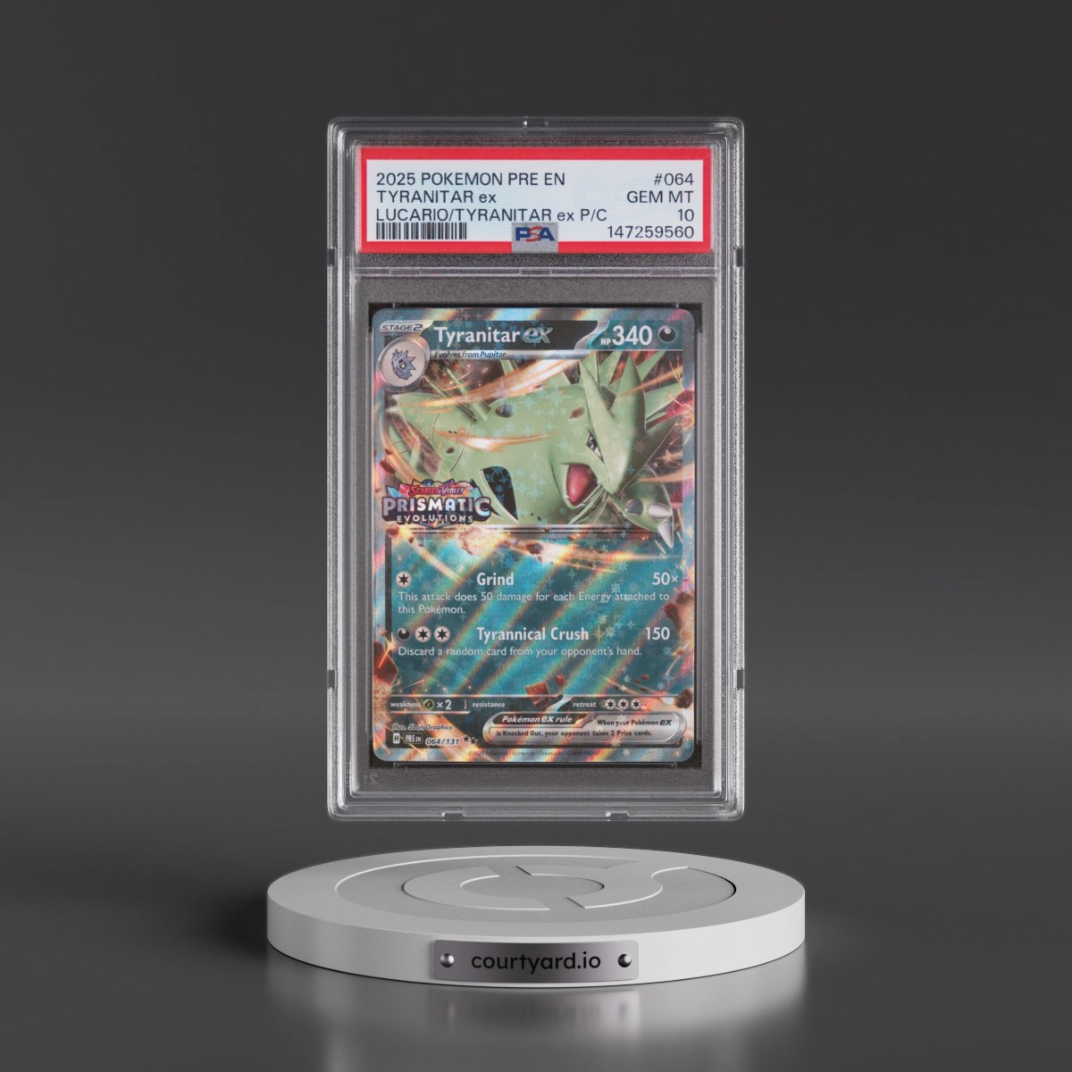 2025 Pokémon Pre EN-Prismatic Evolutions #064 Tyranitar EX - Holo Lucario EX & Tyranitar EX Premium Collection (PSA 10 GEM MINT)