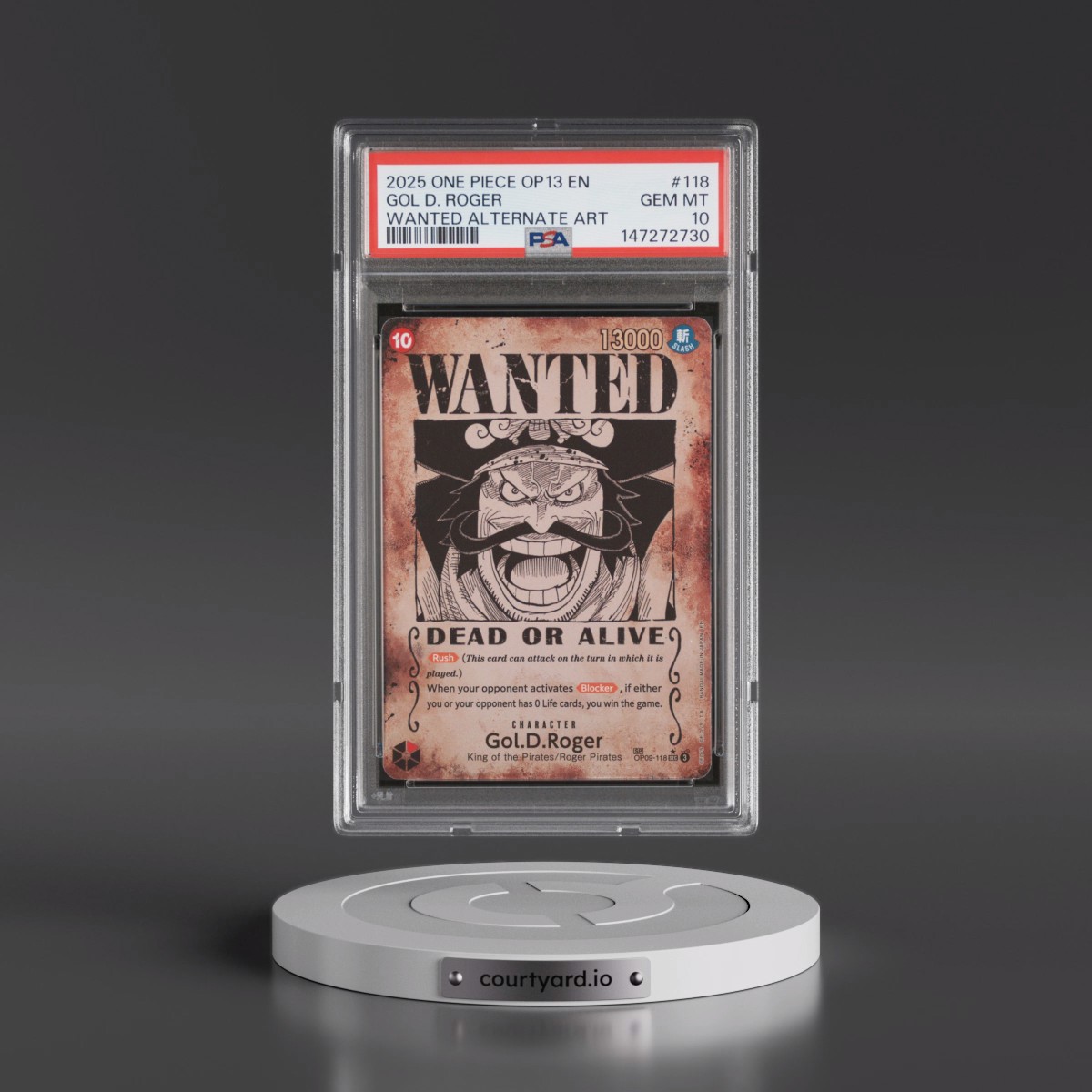 2025 One Piece OP13-Carrying on His Will #118 Gol D. Roger - Wanted Alternate Art (PSA 10 GEM MINT)