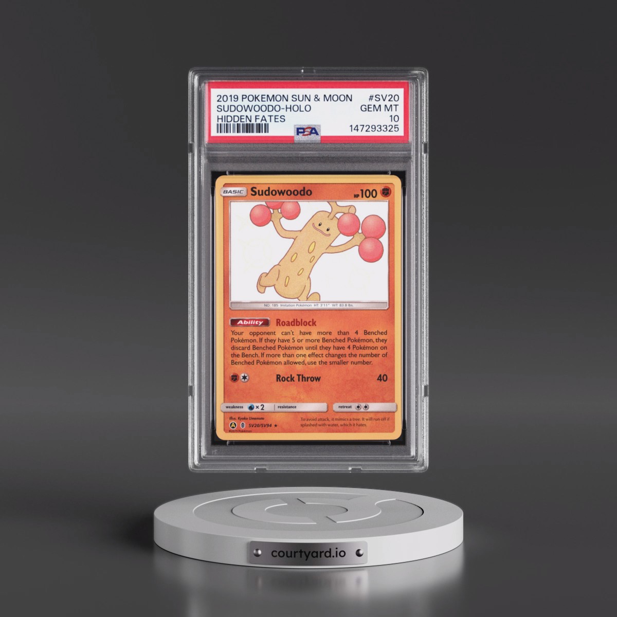 2019 Pokémon Sun & Moon Hidden Fates #SV20 Sudowoodo - Holo (PSA 10 GEM MINT)