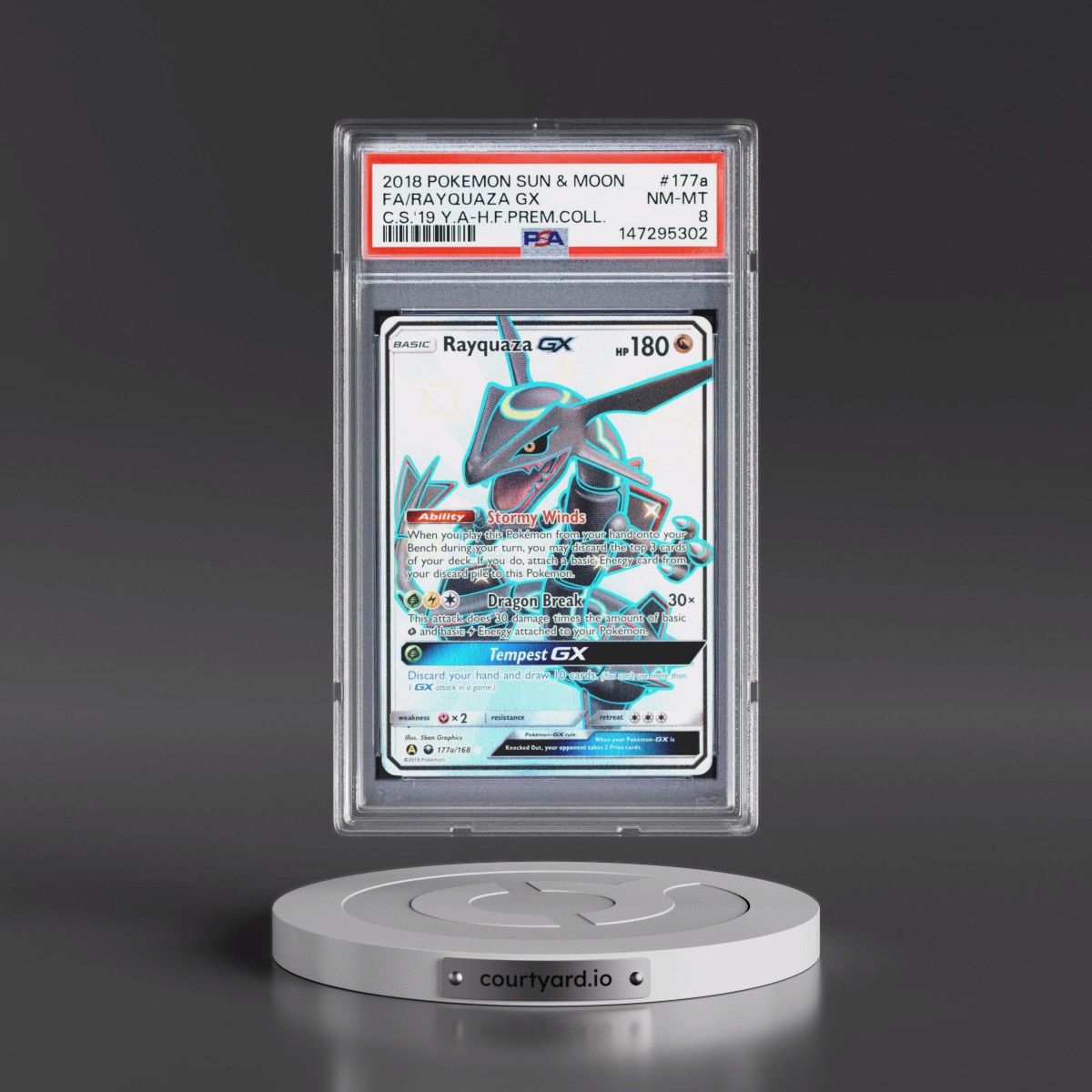 2018 Pokémon Sun & Moon Celestial Storm #177a Rayquaza GX - Holo Full Art 2019 Yellow A Hidden Fates Premium Collection (PSA 8 NM-MT)