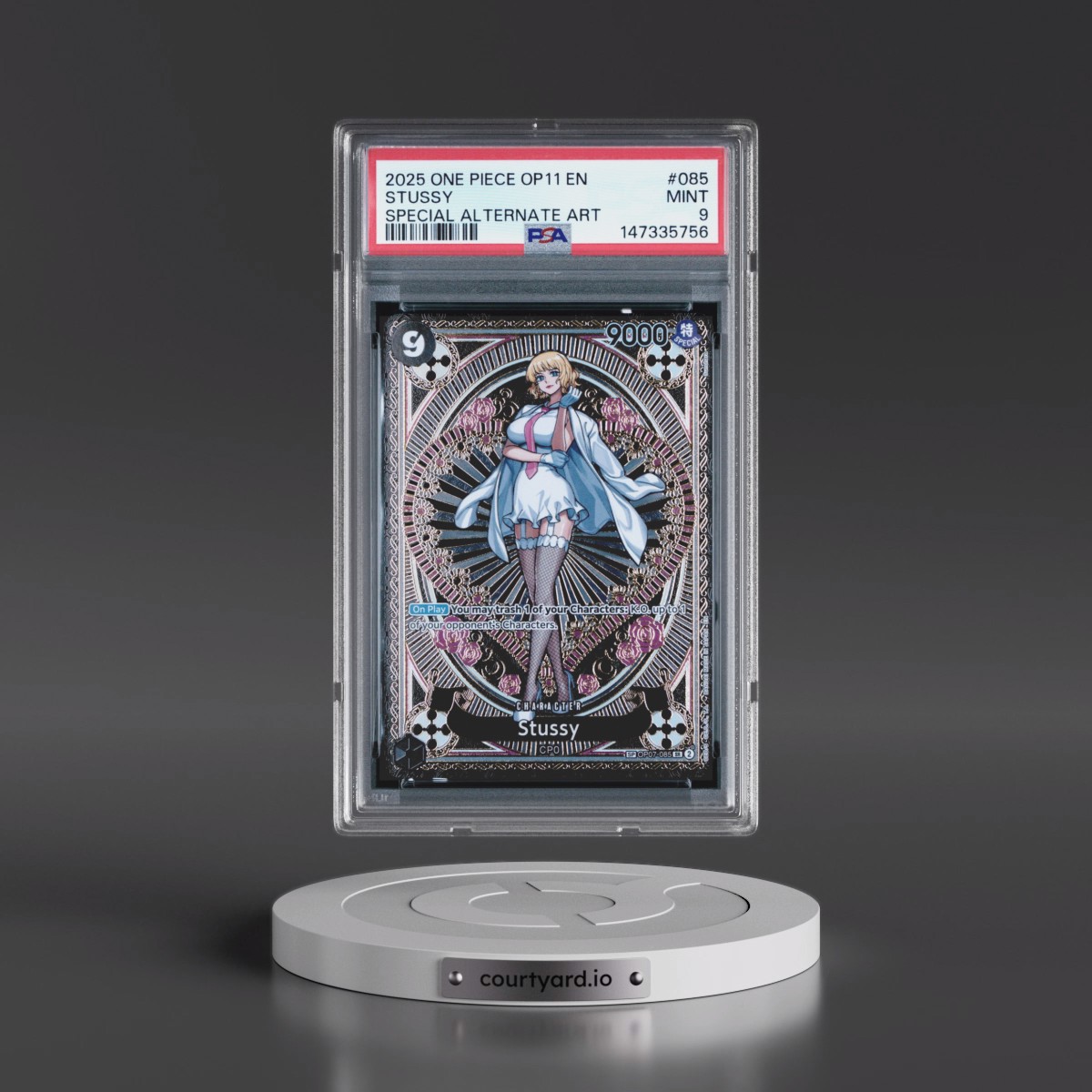 2025 One Piece OP11-A Fist of Divine Speed #085 Stussy - Special Alternate Art (PSA 9 MINT)