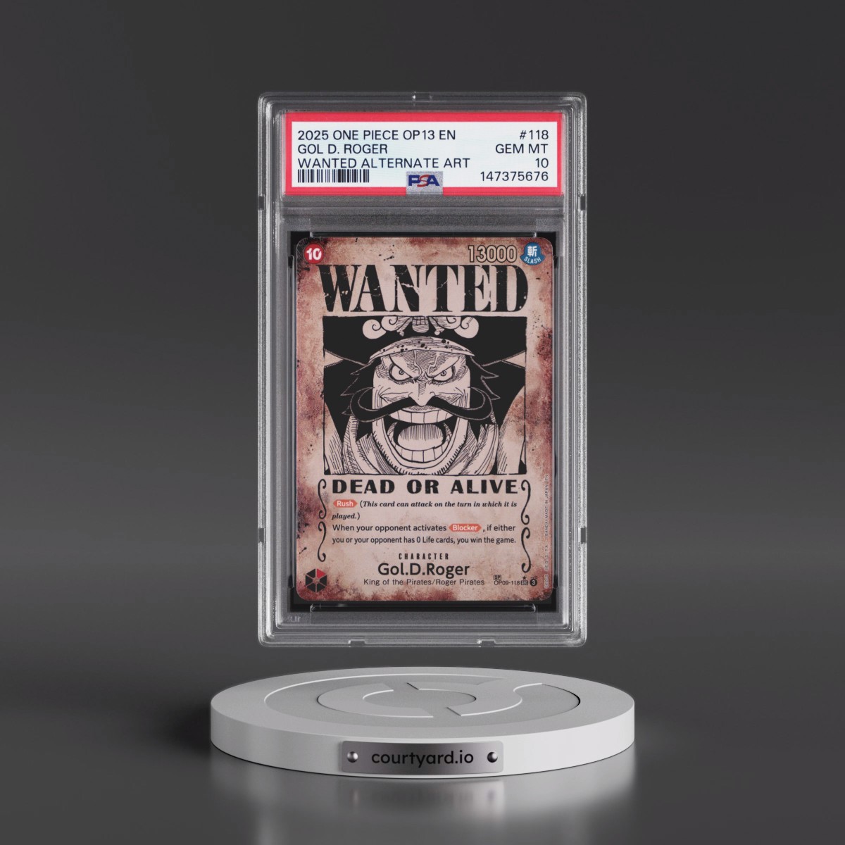 2025 One Piece OP13-Carrying on His Will Gol D. Roger - Wanted Alternate Art #118 PSA 10