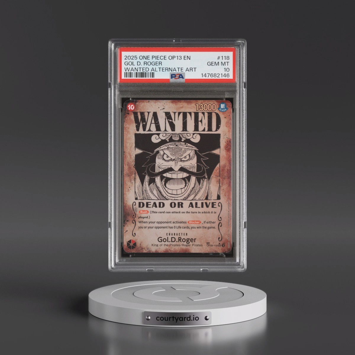 2025 One Piece OP13-Carrying on His Will #118 Gol D. Roger - Wanted Alternate Art (PSA 10 GEM MINT)