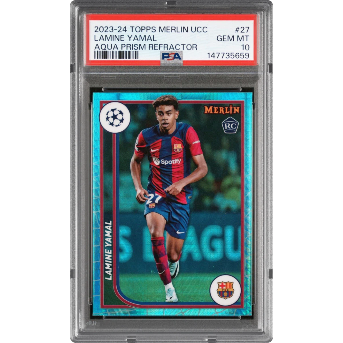 2023-24 Topps Merlin UEFA Club Competitions #27 Lamine Yamal - Aqua Prism Refractor (PSA 10 GEM MINT)