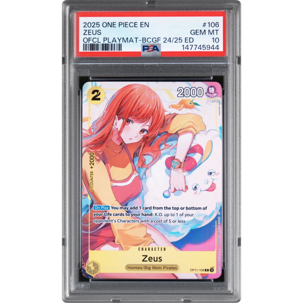 2025 One Piece Promos #106 Zeus - Official Playmat-Bandai Card Games Fest 24-25 Edition (PSA 10 GEM MINT)