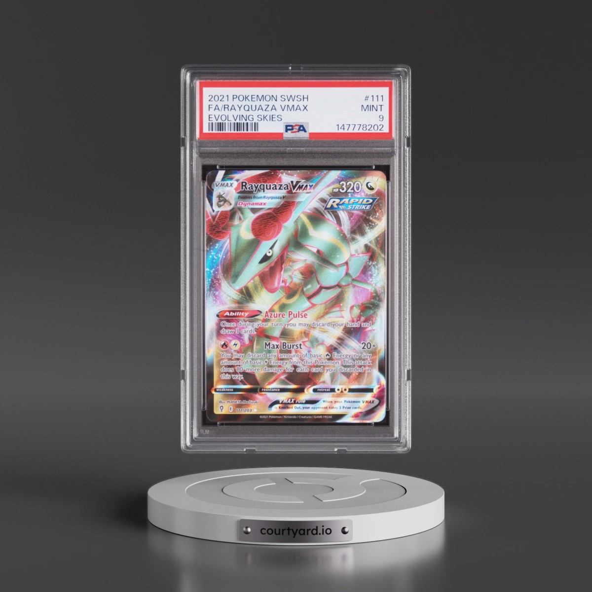 2021 Pokémon Sword & Shield Evolving Skies #111 Rayquaza Vmax - Full Art (PSA 9 MINT)