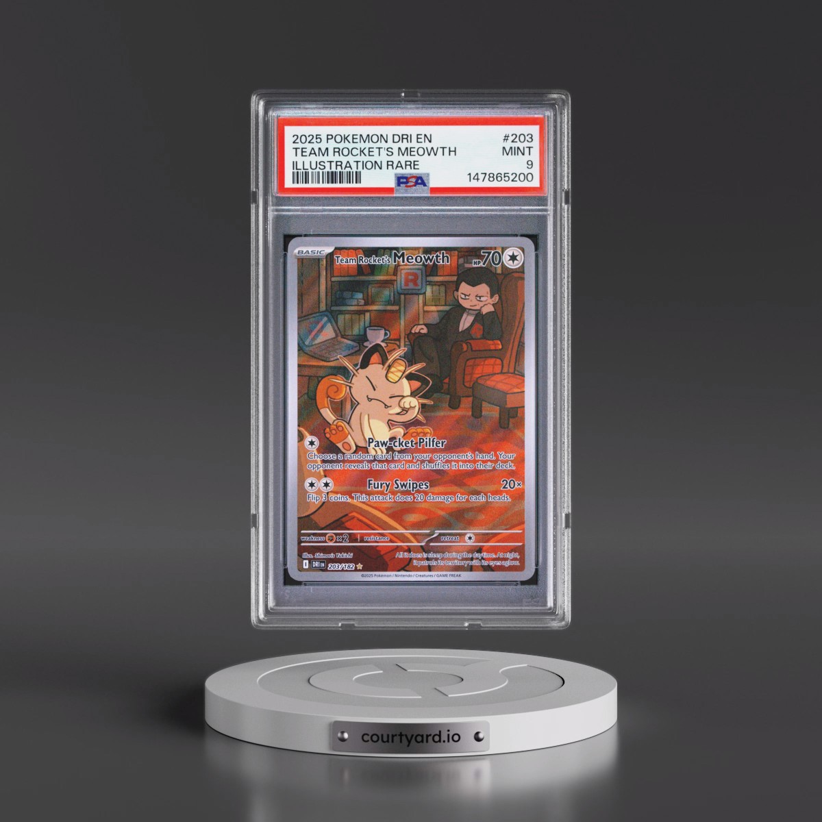 2025 Pokémon Dri EN-Destined Rivals #203 Team Rocket's Meowth - Illustration Rare (PSA 9 MINT)