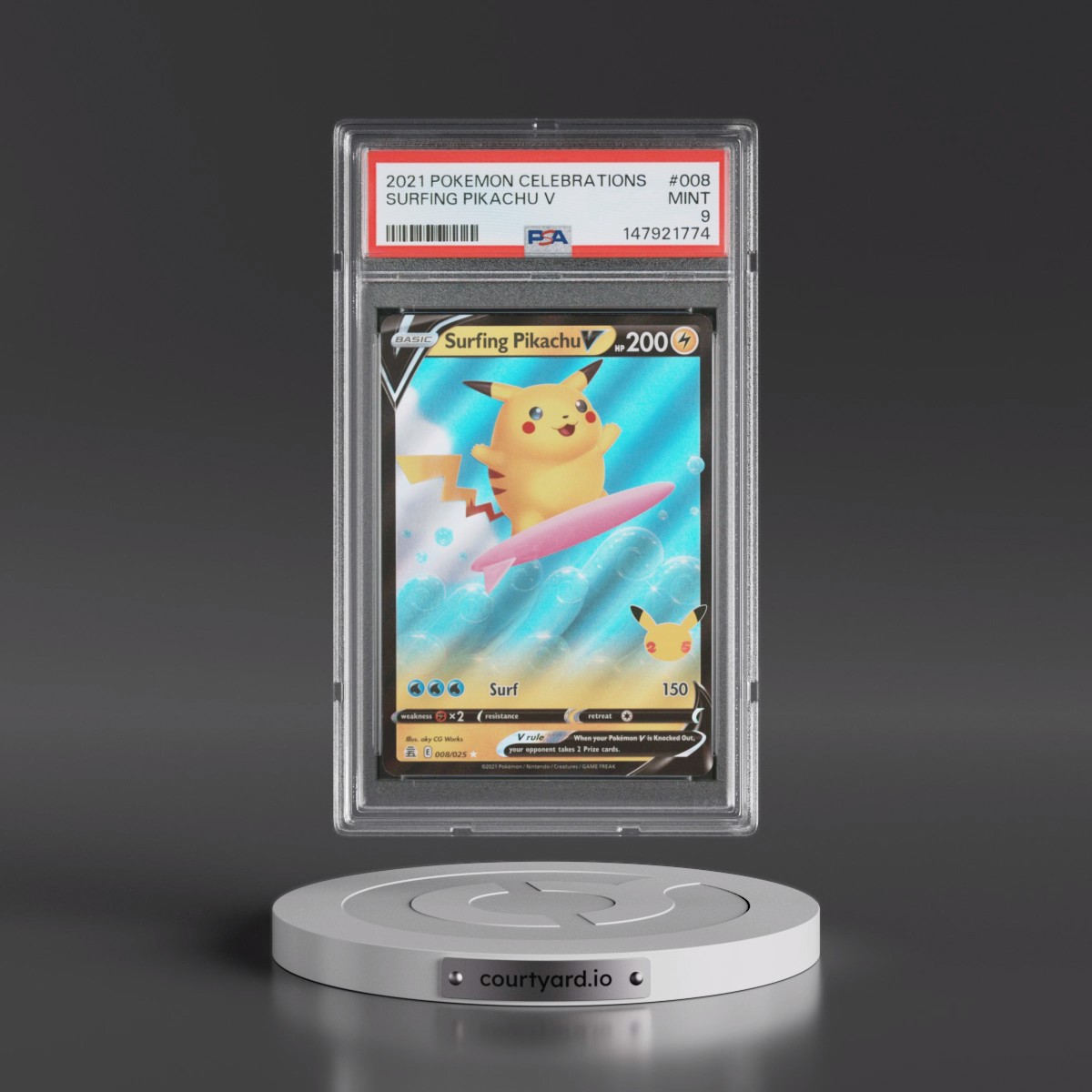 2021 Pokémon Celebrations #008 Surfing Pikachu V - Holo (PSA 9 MINT)