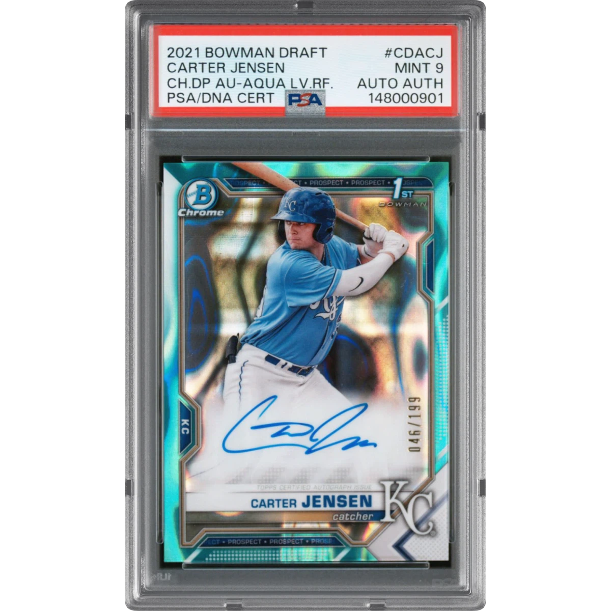 2021 Bowman Draft Chrome Draft Pick Autographs #CDACJ Carter Jensen - Aqua Lava Refractor (PSA 9 MINT)