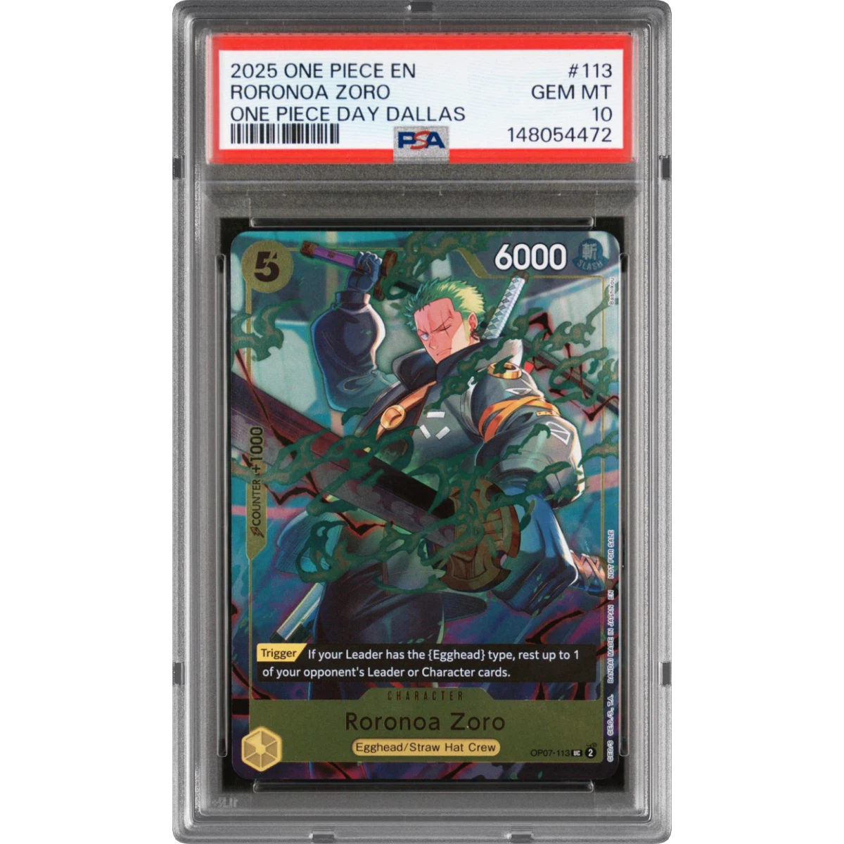 2025 One Piece Promos #113 Roronoa Zoro - One Piece Day Dallas, PSA 10