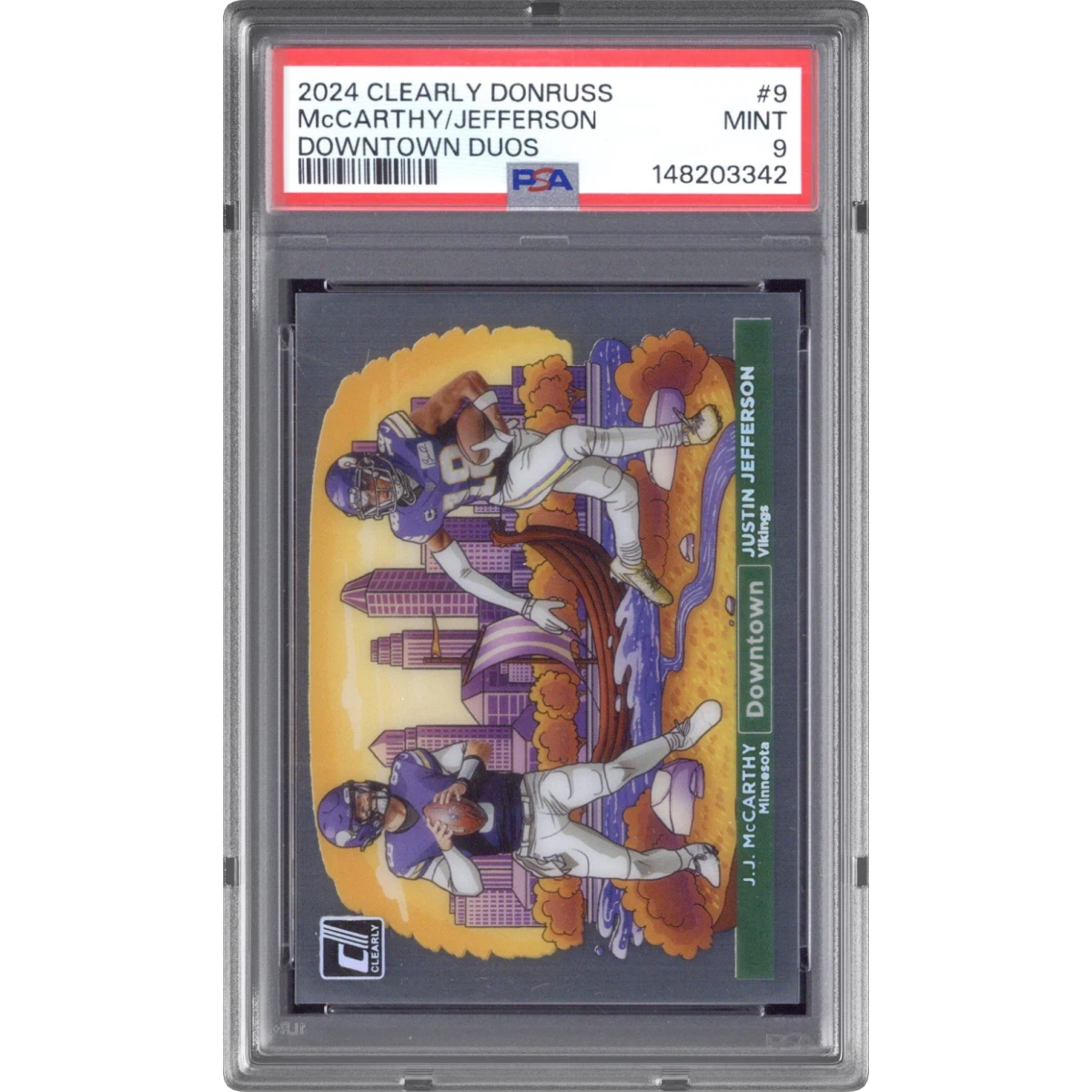 2024 Panini Clearly Donruss Downtown Duos #9 JJ McCarthy/Justin Jefferson (PSA 9 MINT)