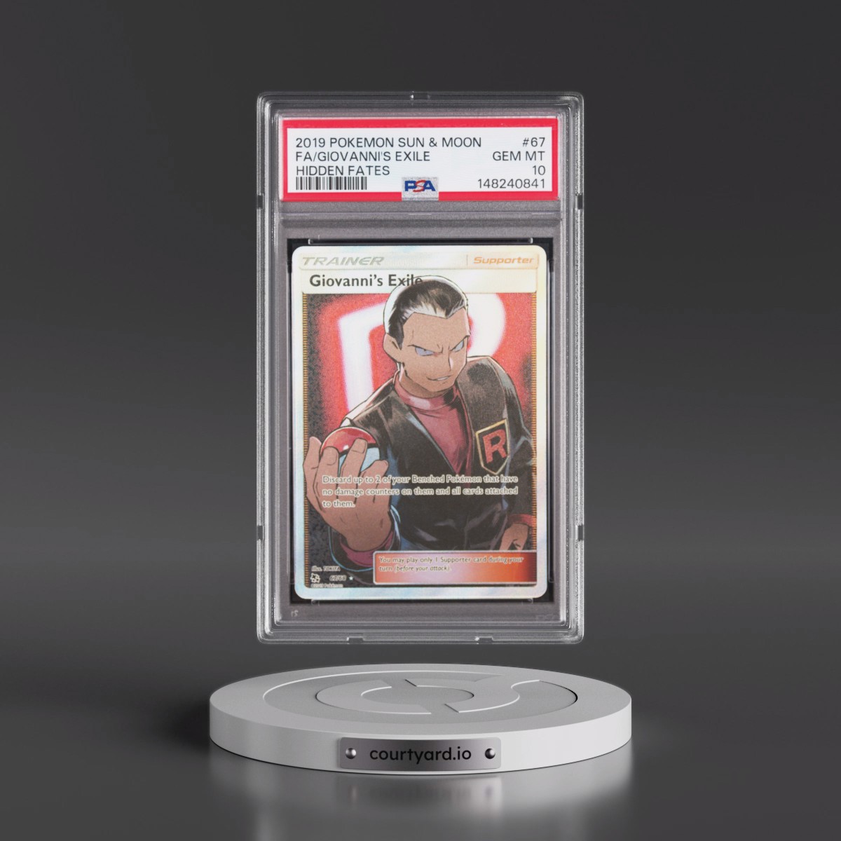 2019 Pokémon Sun & Moon Hidden Fates #67 Giovanni's Exile - Full Art (PSA 10 GEM MINT)