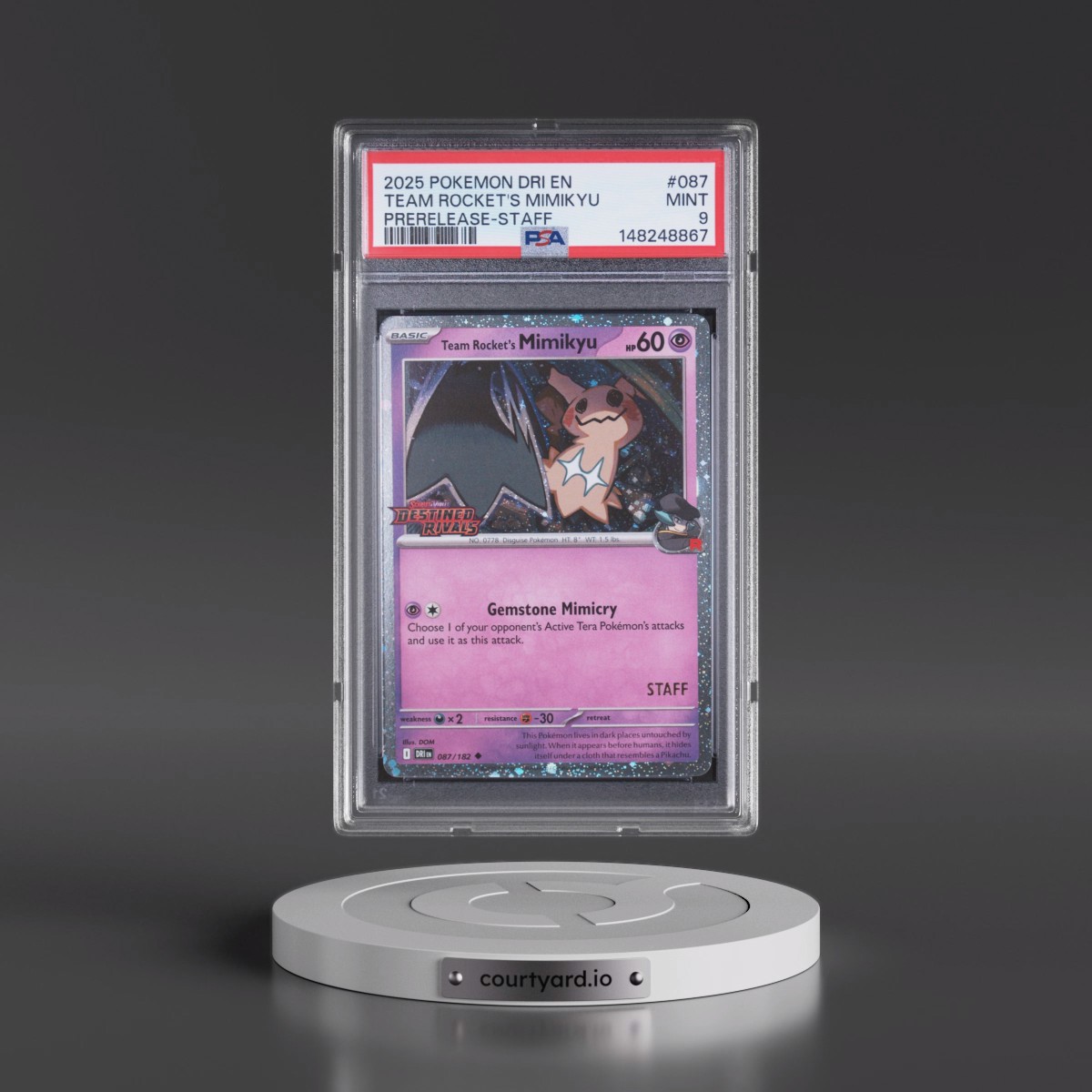 2025 Pokémon Dri EN-Destined Rivals #087 Team Rocket's Mimikyu - Prerelease-Staff (PSA 9 MINT)