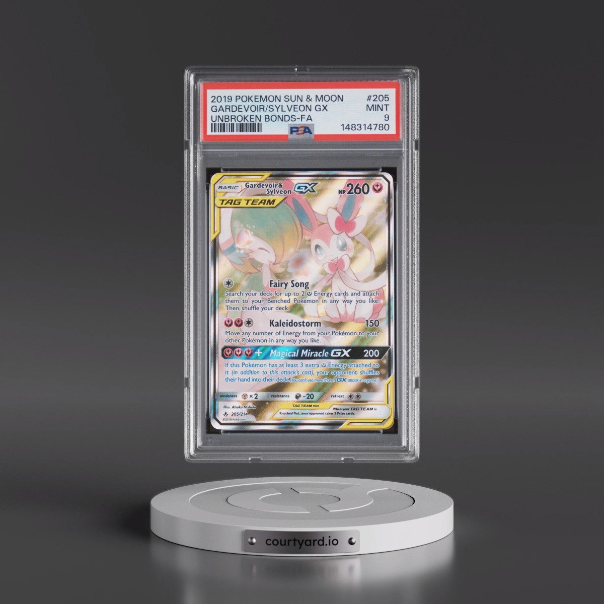 2019 Pokémon Sun & Moon Unbroken Bonds #205 Gardevoir & Sylveon GX - Holo Full Art (PSA 9 MINT)