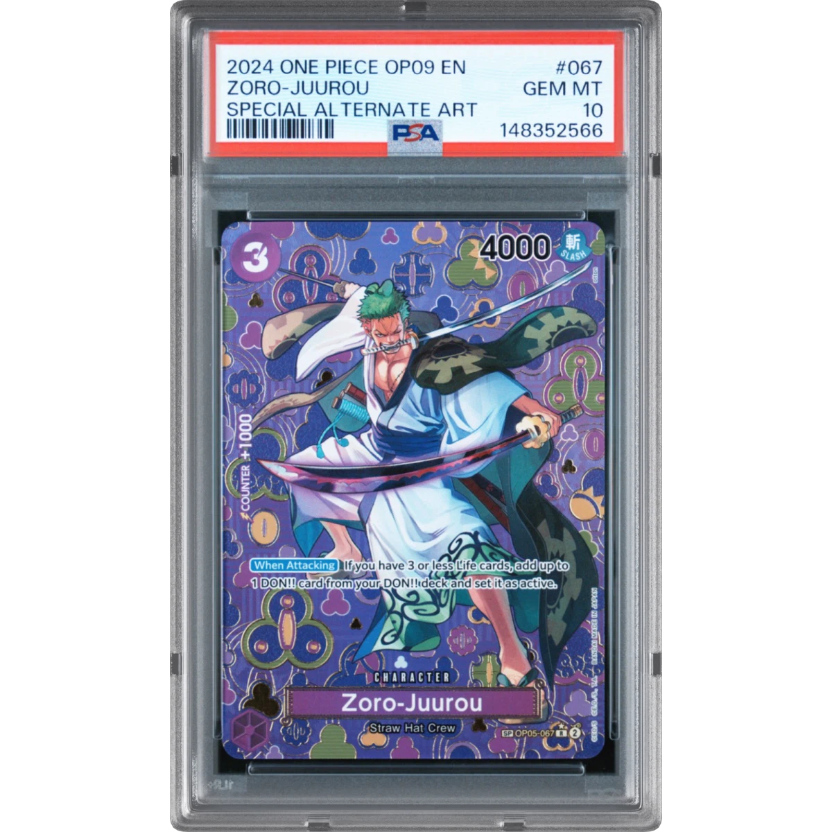 2024 One Piece OP09-Emperors in the New World #067 Zoro-Juurou - Special Alternate Art (PSA 10 GEM MINT)