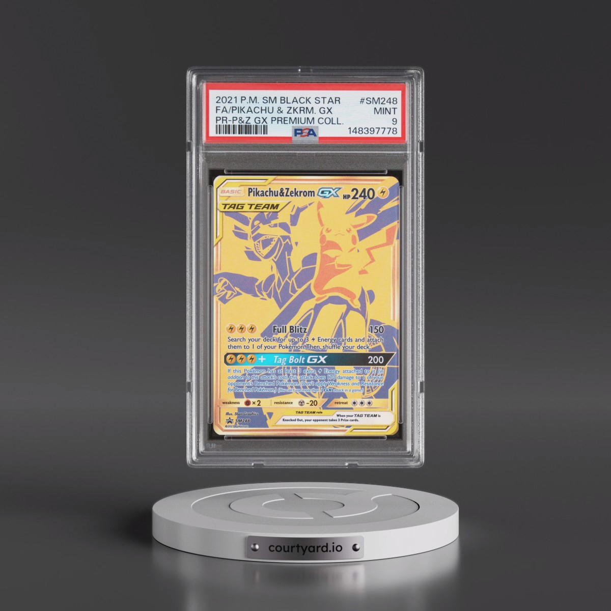 2021 Pokémon SM Black Star Promo #SM248 Pikachu & Zekrom GX - Holo Full Art Pikachu & Zekrom GX Premium Collection (PSA 9 MINT)