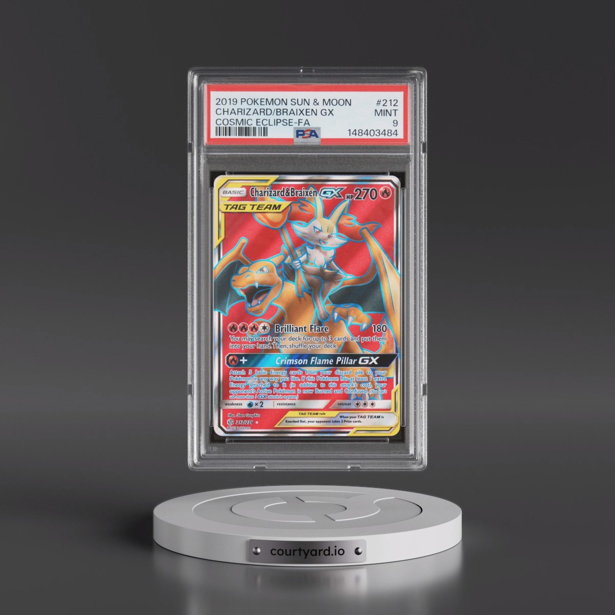 2019 Pokémon Sun & Moon Cosmic Eclipse #212 Charizard & Braixen GX - Holo Full Art (PSA 9 MINT)