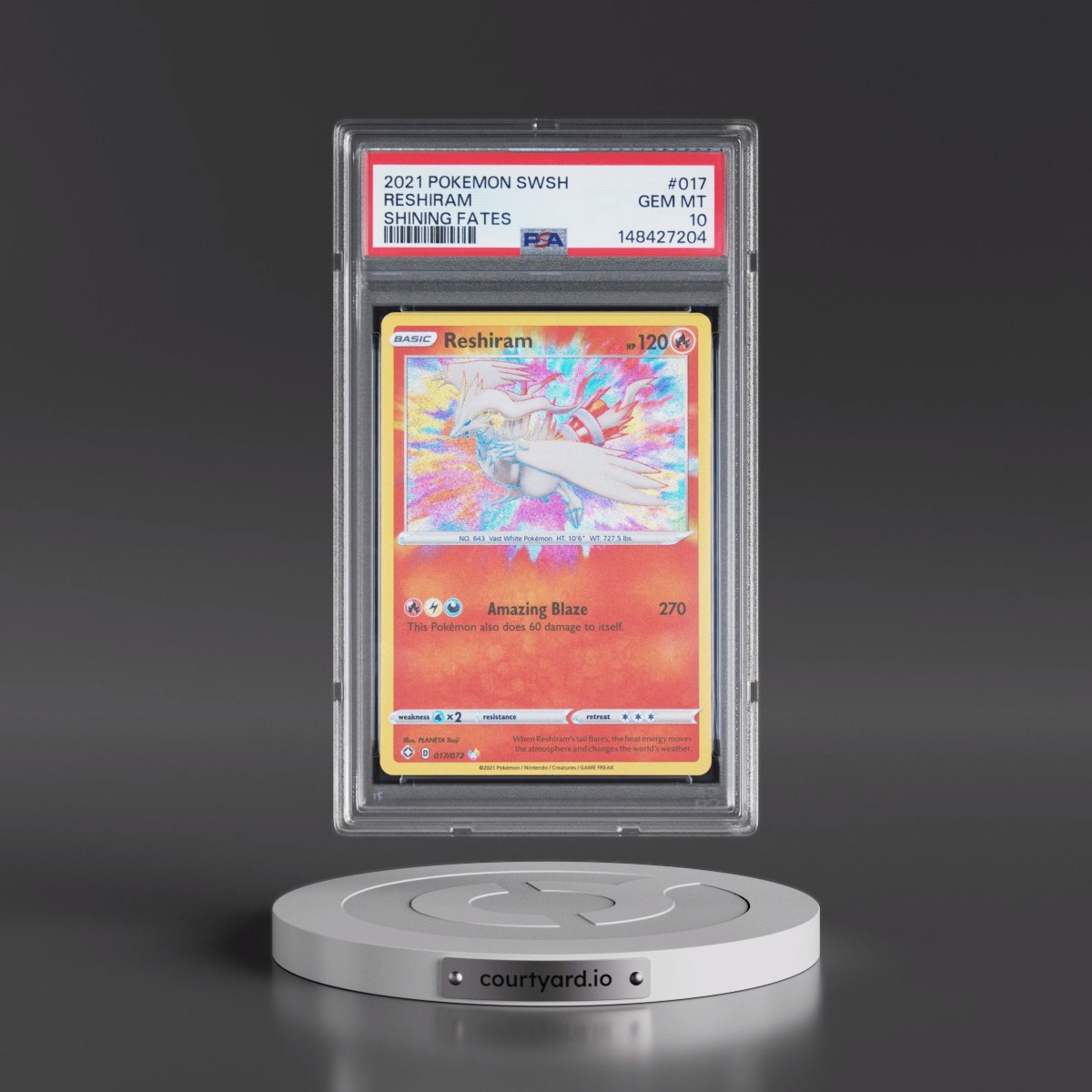 2021 Pokémon Sword & Shield Shining Fates #017 Reshiram (PSA 10 GEM MINT)