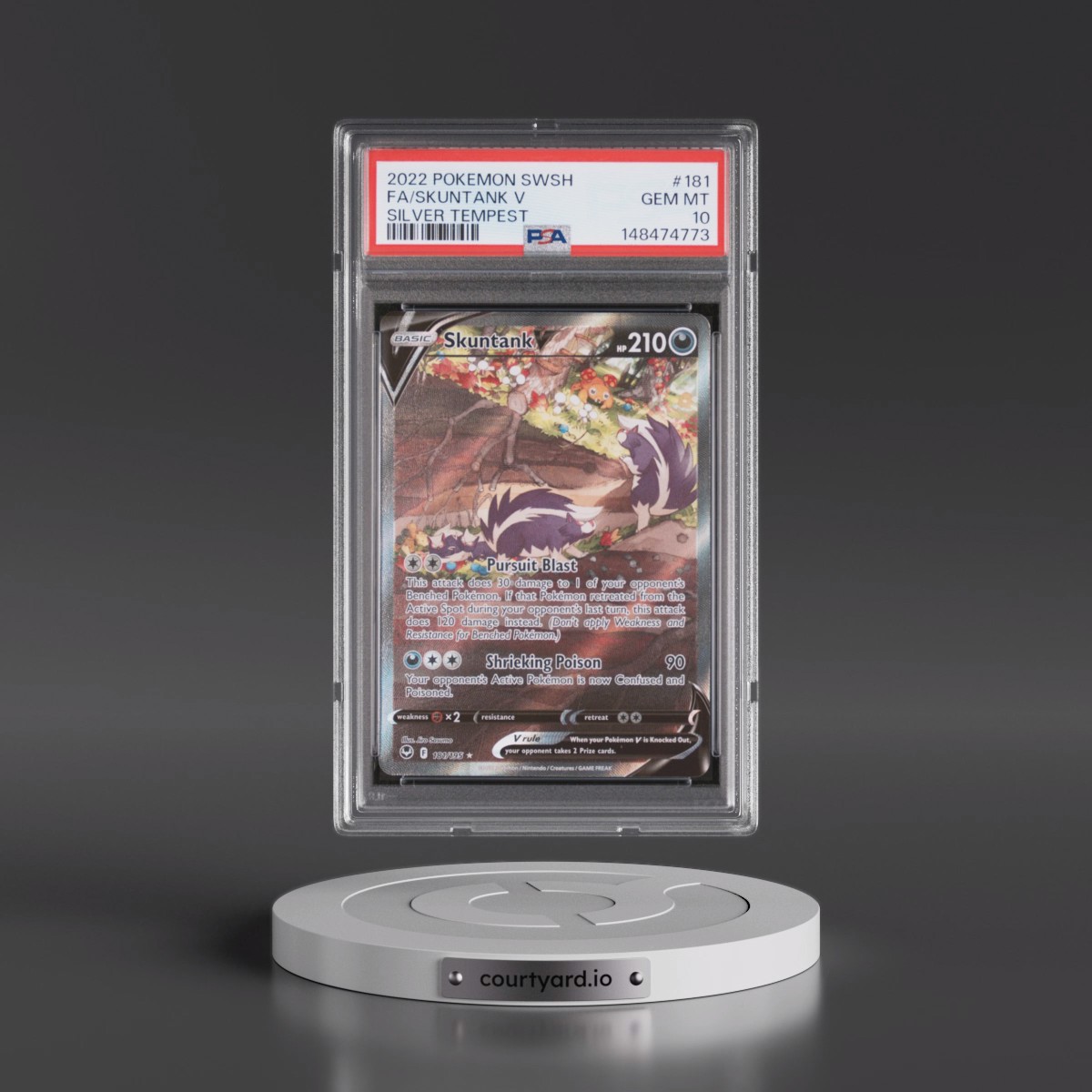 2022 Pokémon Sword & Shield Silver Tempest #181 Skuntank V - Holo Full Art (PSA 10 GEM MINT)