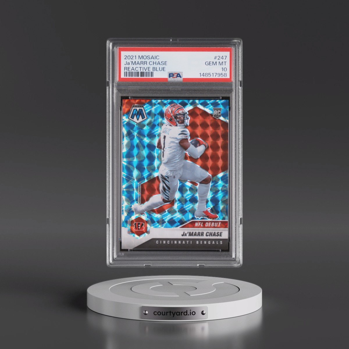 2021 Panini Mosaic #247 JA’Marr Chase - Reactive Blue (PSA 10 GEM MINT)