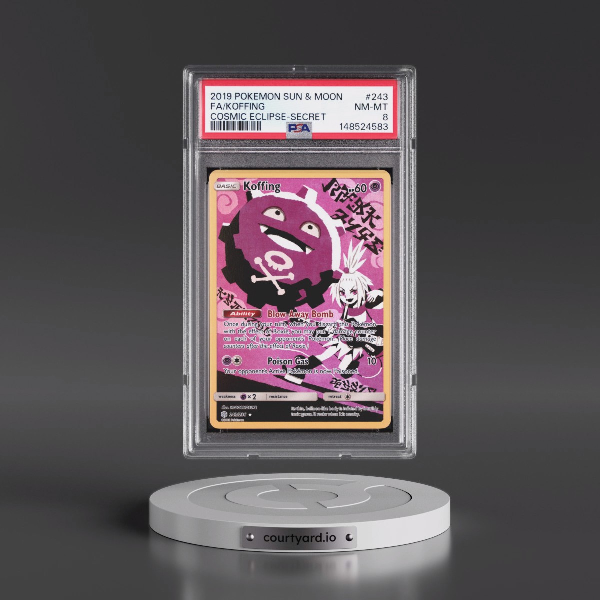 2019 Pokémon Sun & Moon Cosmic Eclipse #243 Koffing - Full Art Secret (PSA 8 NM-MT)