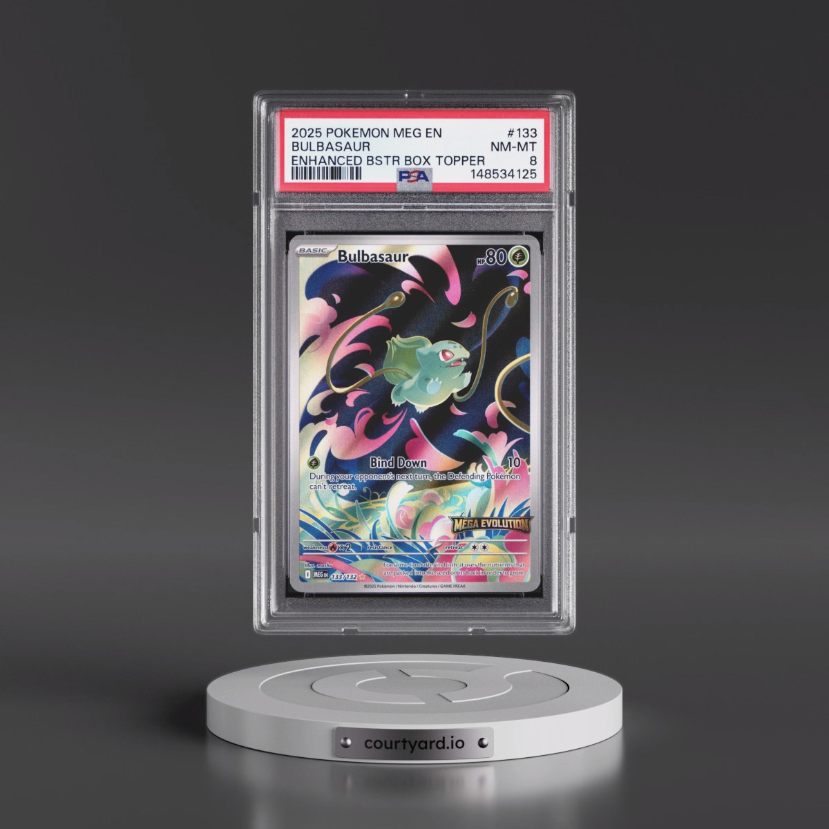 2025 Pokémon Meg EN-Mega Evolution #133 Bulbasaur - Enhanced Booster Box Topper (PSA 8 NM-MT)