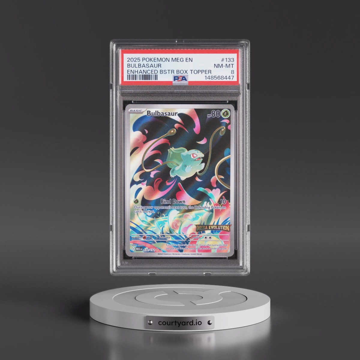 2025 Pokémon Meg EN-Mega Evolution #133 Bulbasaur - Enhanced Booster Box Topper (PSA 8 NM-MT)