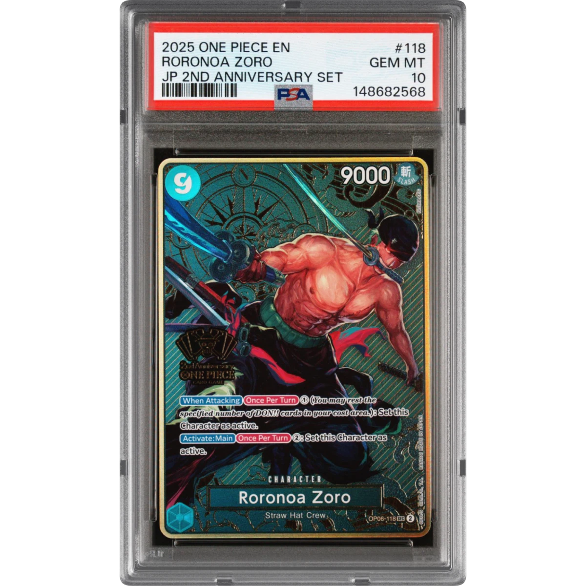 2025 One Piece Japanese 2nd Anniversary Set #118 Roronoa Zoro (PSA 10 GEM MINT)